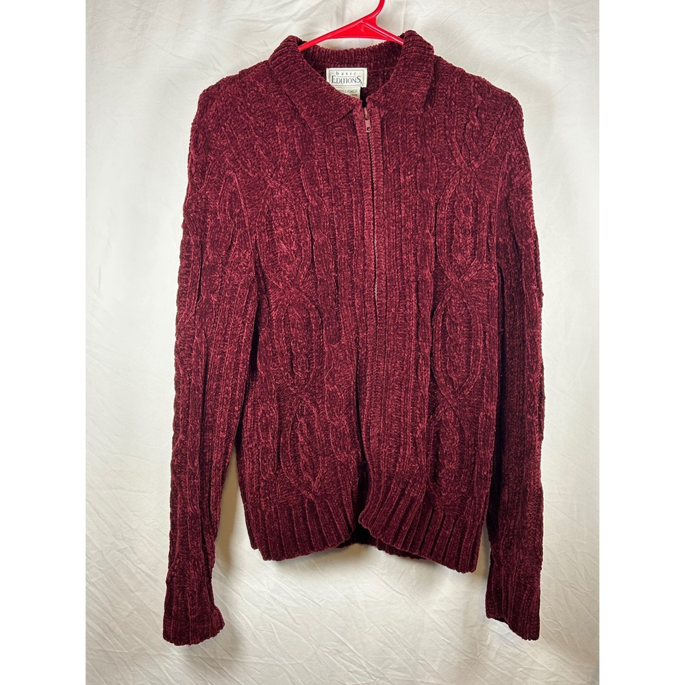 Vintage Basic Editions Burgundy Cable Knit Full Zip Cardigan Sweater Woman Small